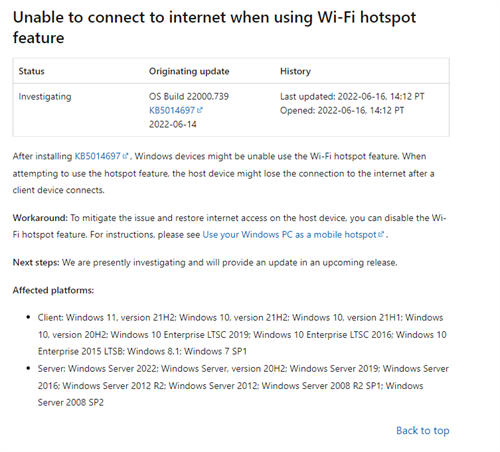 微软承认Win11/10/8.1/7等存在Wi-Fi热点问题，连接无线后即自动断网
