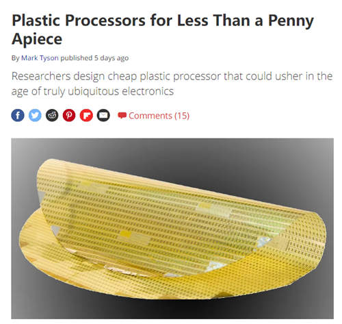 研究人员设计出新型塑料处理器，价格不到 1 毛钱