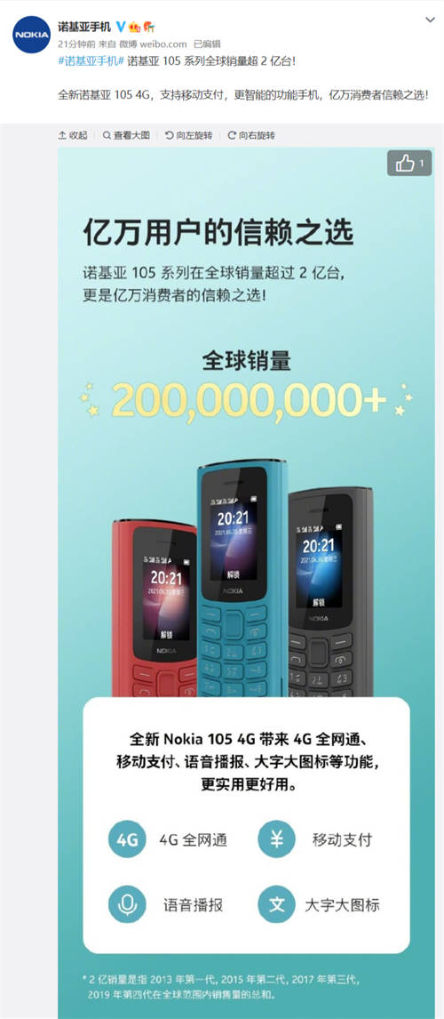 诺基亚105系列手机全球销量超2亿台 最便宜的4G功能机