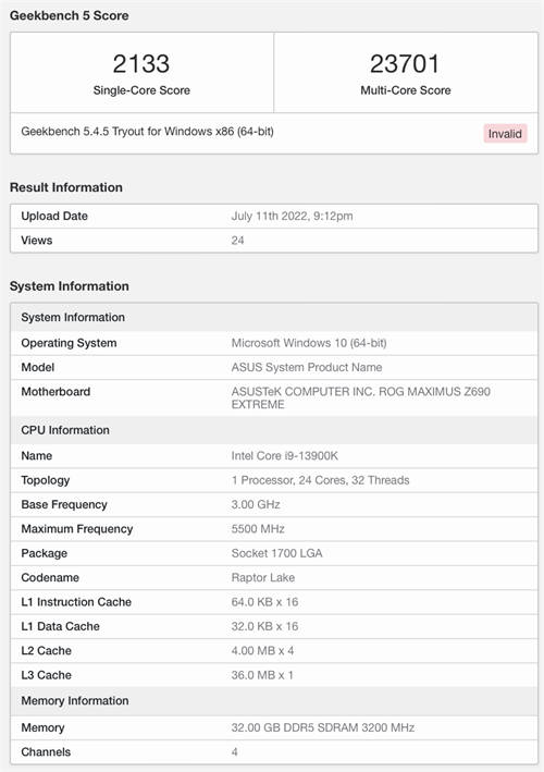 英特尔13代酷睿i9-13900K现已出现在了Geekbench上 跑分首曝：24核32线程，最高5.5GHz