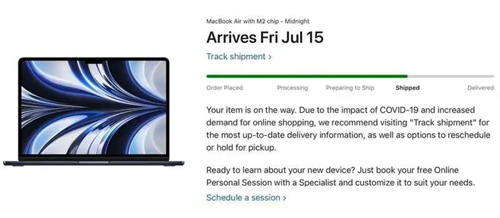 搭载 M2 处理器的全新苹果MacBook Air将于7月15日正式上市 经向一些预计7月15日交货的用户发出了发货通知