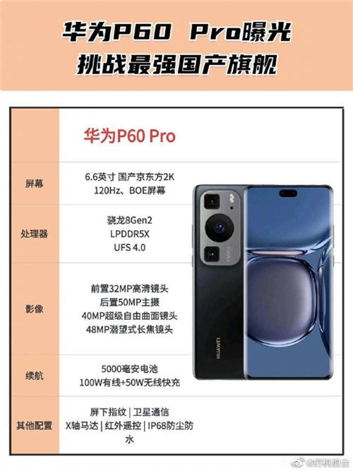华为P60 Pro配置首曝：配备二代骁龙8 定制4G版 支持卫星通信