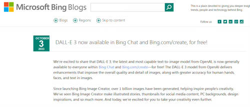 微软宣布:OpenAI最新的DALL-E 3图像生成器现在可供所有Bing Chat和Bing Image Creator用户免费使用
