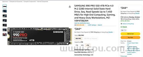 三星990 PRO SSD 4TB版美亚开卖 售价2595元人民币起 顺序读取7450MB/S写入6900MB/s