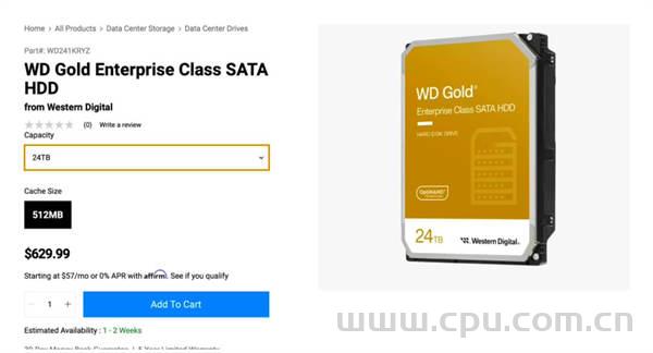 西部数据新款24TB WD Gold金盘HDD机械硬盘 CMR技术 512MB缓存 7200RPM转速 传输速度298MB/s